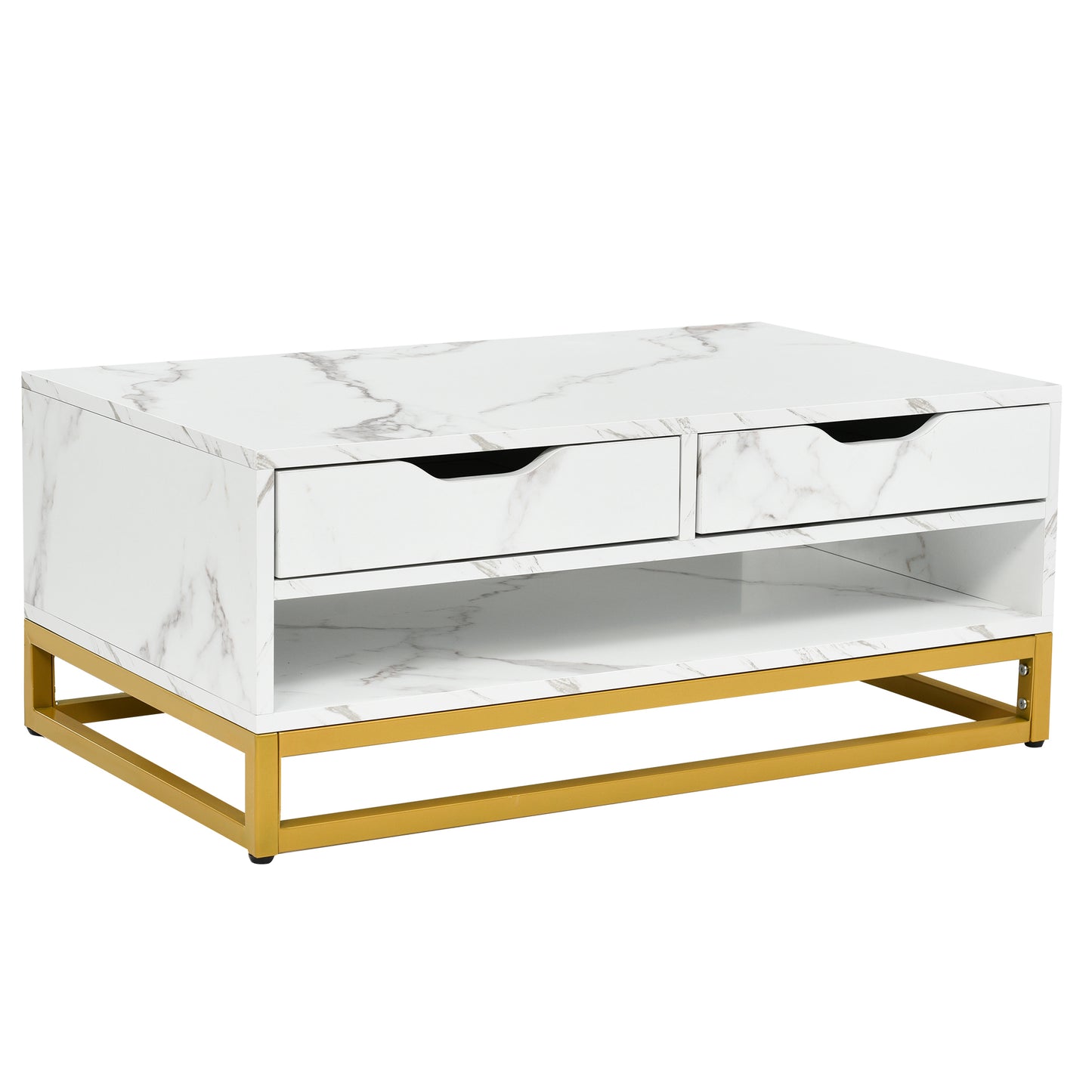 Golden Marble Nesting Coffee Table Set with Metal Frame, Drawers & Shelves Storage