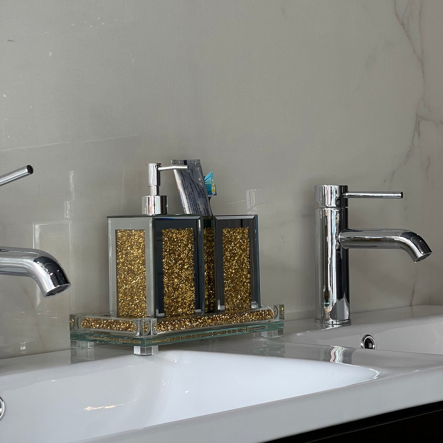 Elegant Gold Glass Soap Dispenser and Toothbrush Holder Set