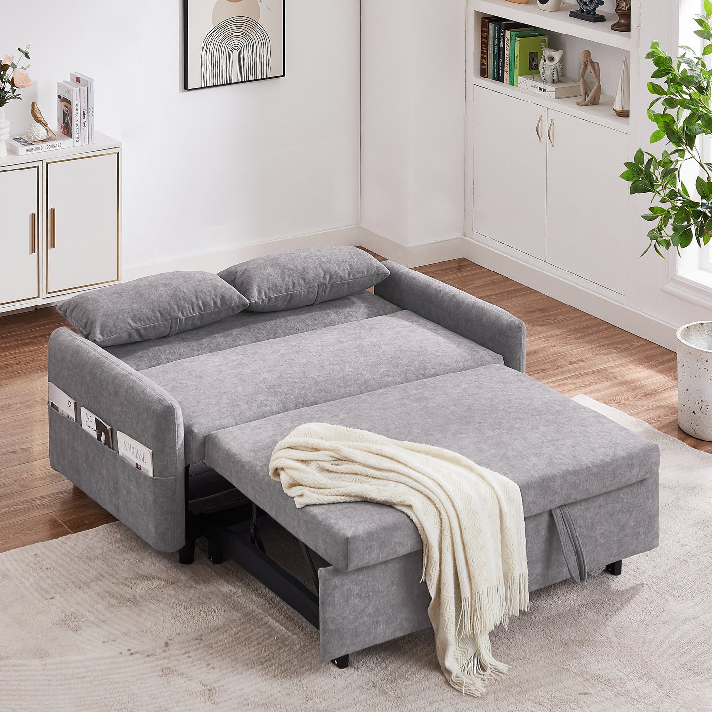 Adjustable Grey Loveseat Sofa Bed with USB Ports and Storage Pockets