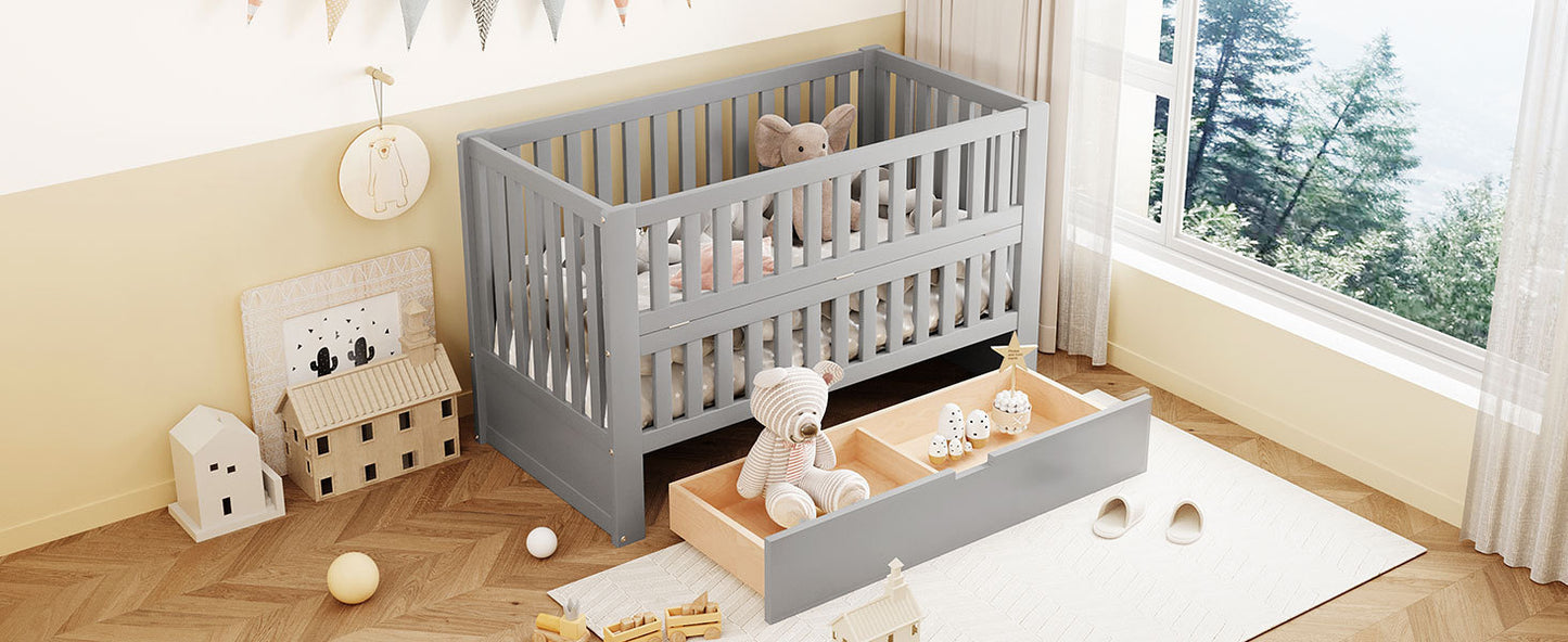 Convertible Crib/Full Size Bed with Drawers and 3 Height Options, Gray