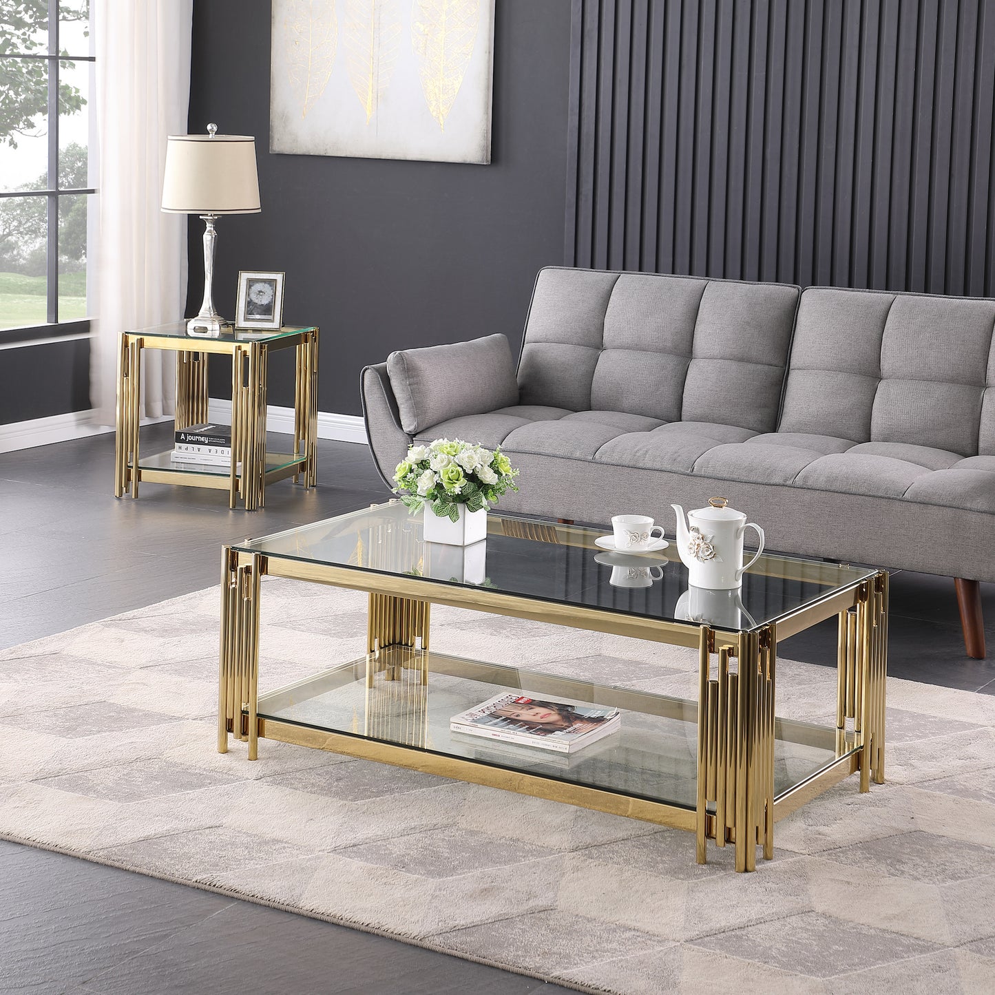 Luxurious Golden Stainless Steel Double-Layer Coffee Table - Modern Elegance for Your Living Room