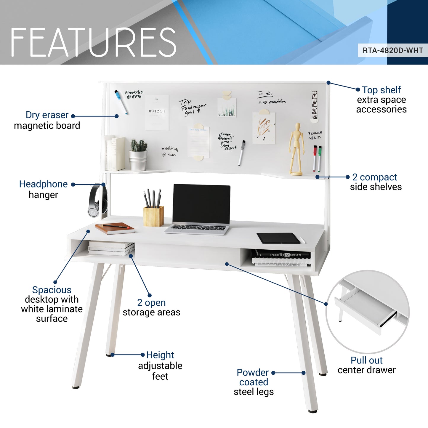 Multi-Purpose White Desk with Magnetic Whiteboard & Storage Shelf