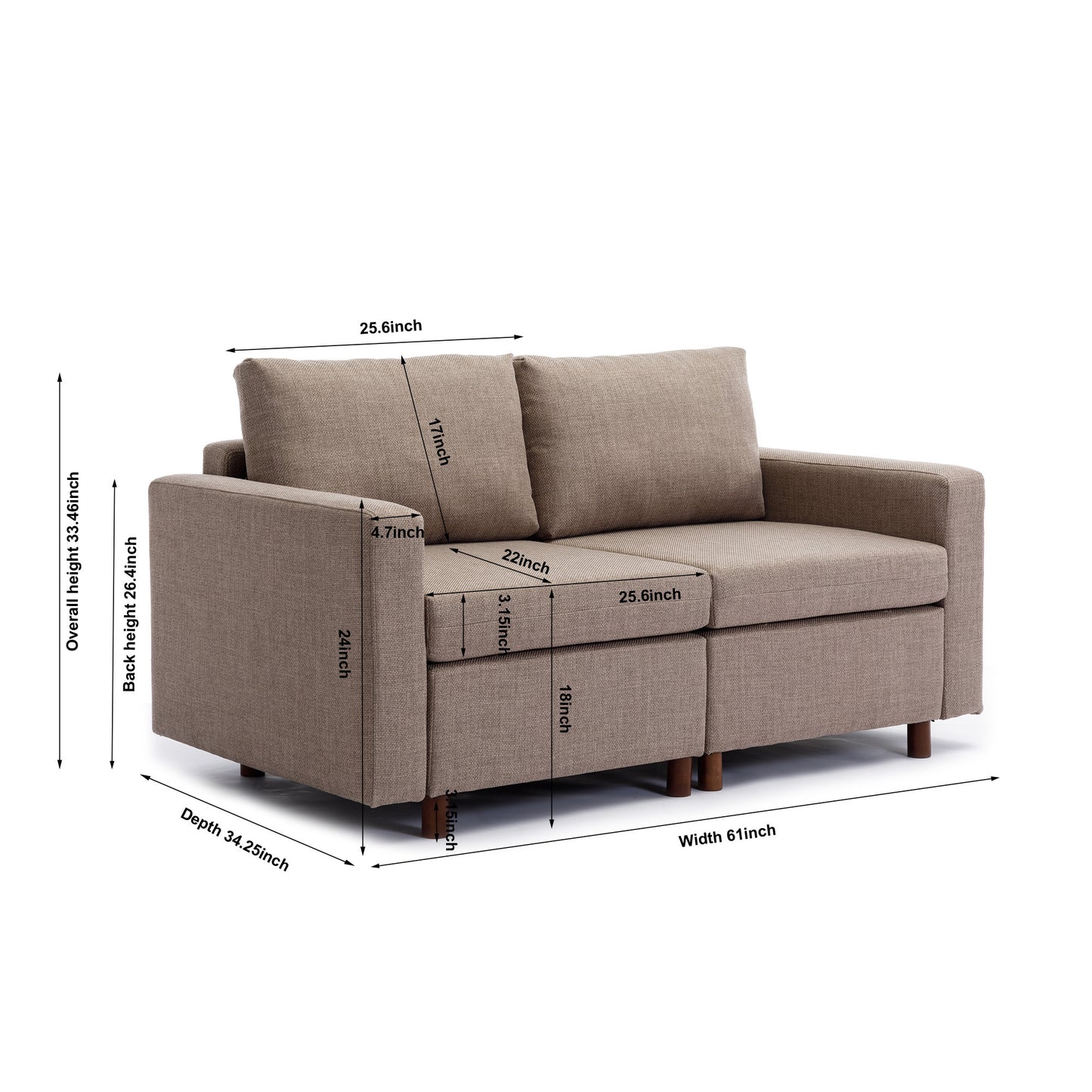 2 Seater Modular Sectional Sofa Set with 2 Ottomans for Living Room, Brown Linen Upholstery