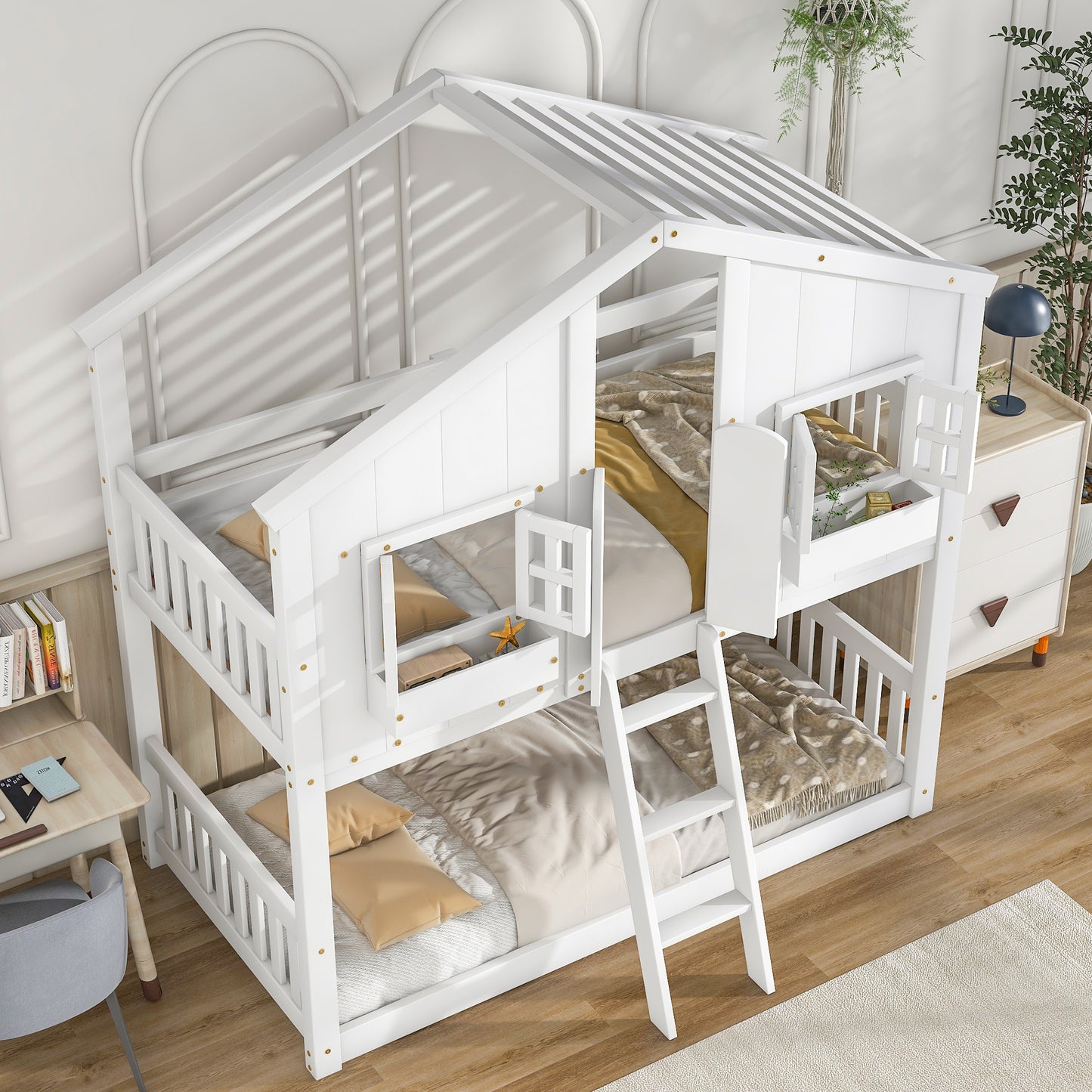 Cabin Inspired Kids' White Bunk Bed with Roof, Window, and Door