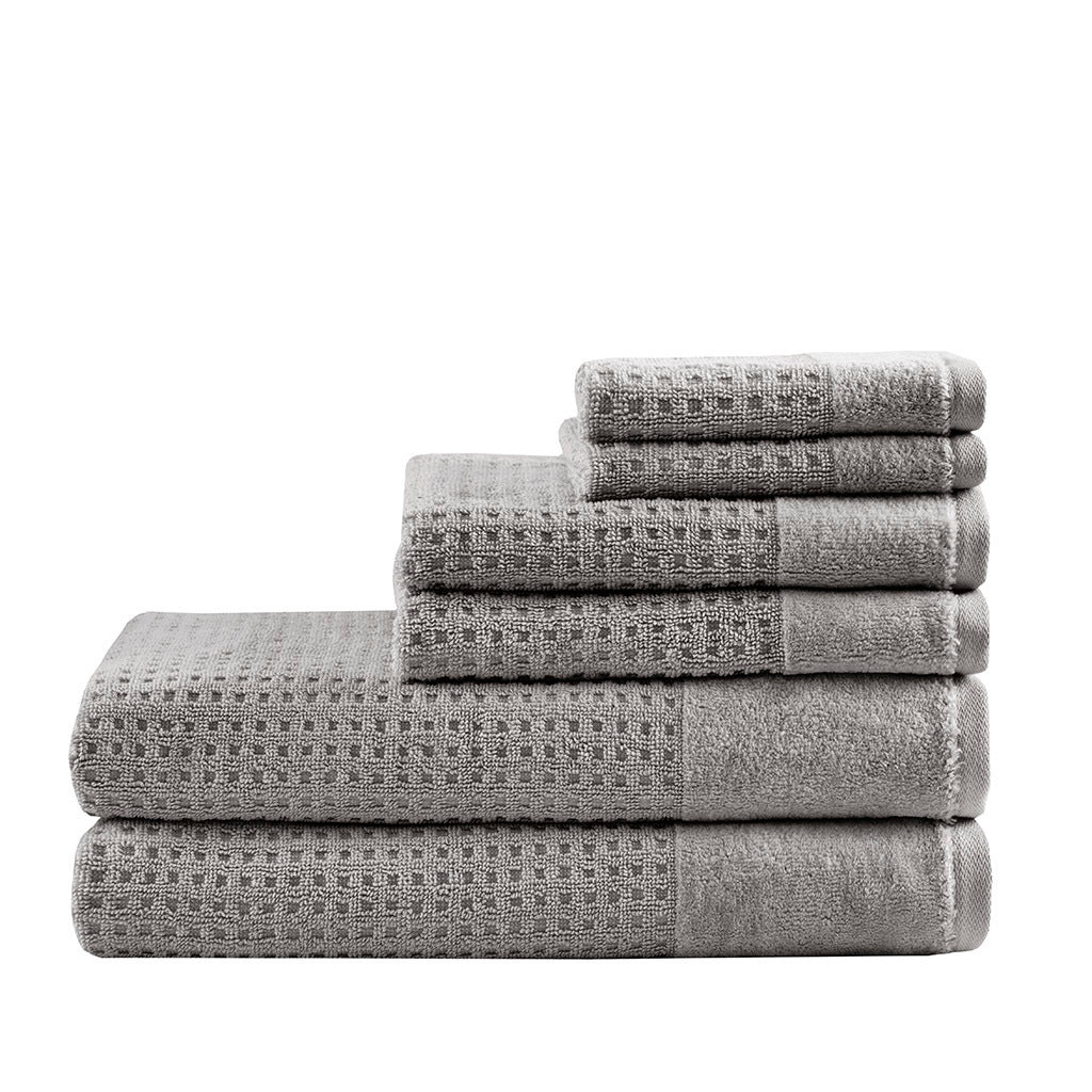 Woven Cotton Jacquard Antimicrobial Bath Towel Set with Velour Cuff - 6 Pieces