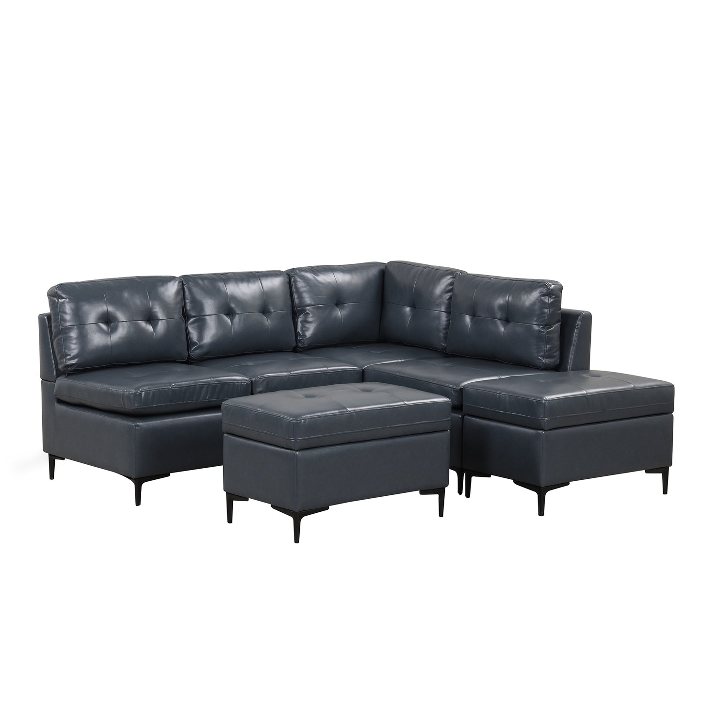 Blue L-Shaped Sectional Sofa Set with Movable Storage Ottomans