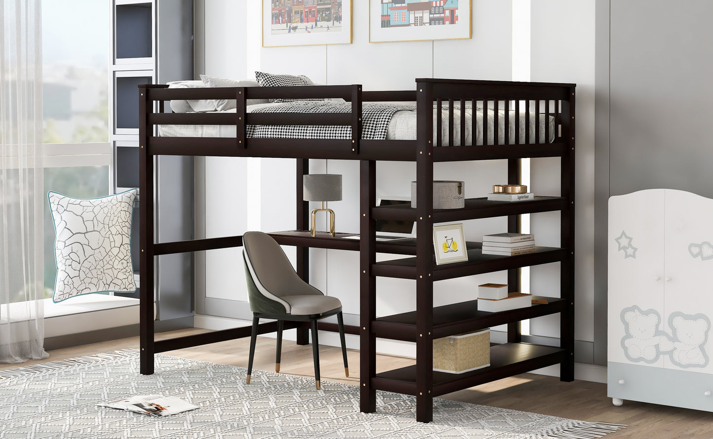 Full Size Loft Bed with Storage Shelves and Under-bed Desk, Espresso