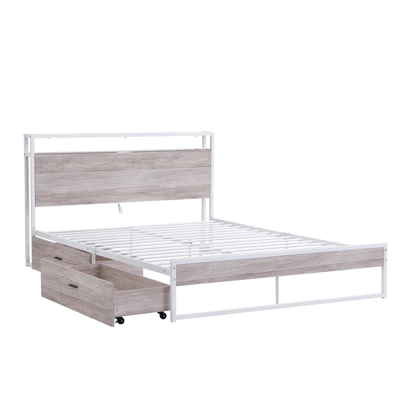 Queen Size Metal Platform Bed Frame with Two Drawers,Sockets and USB Ports ,Slat Support No Box Spring Needed  White