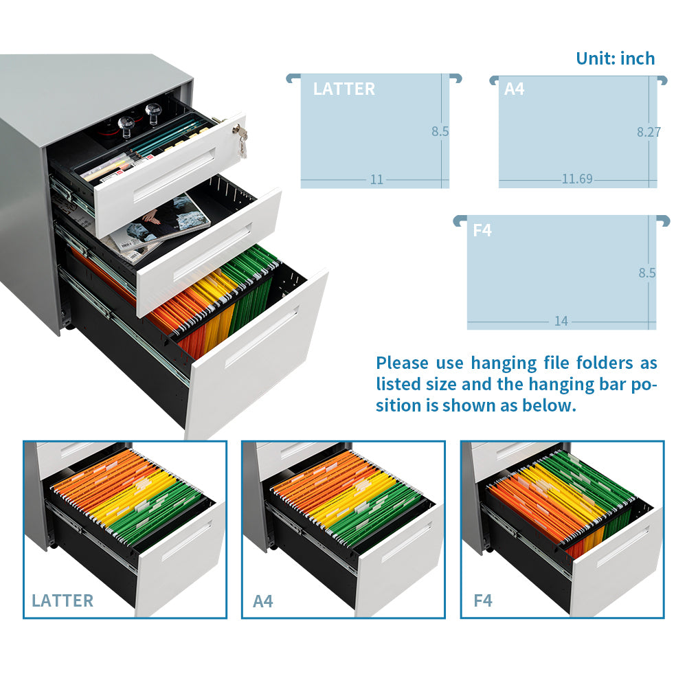 Steel File Cabinet with 3 Drawers, Lock, and Mobile Design for Home/Office
