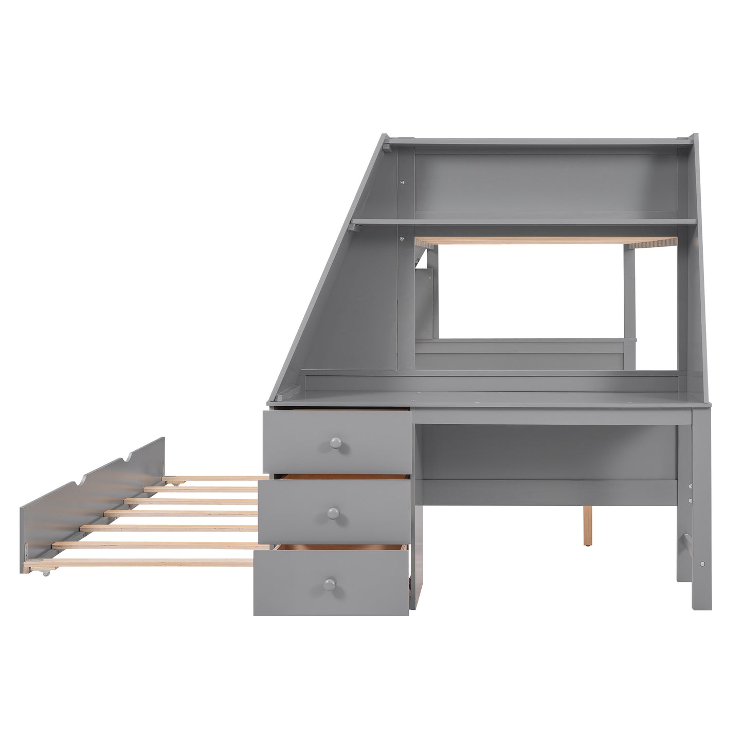 Enhanced Gray Twin over Full Bunk Bed with Trundle, Desk, and Storage