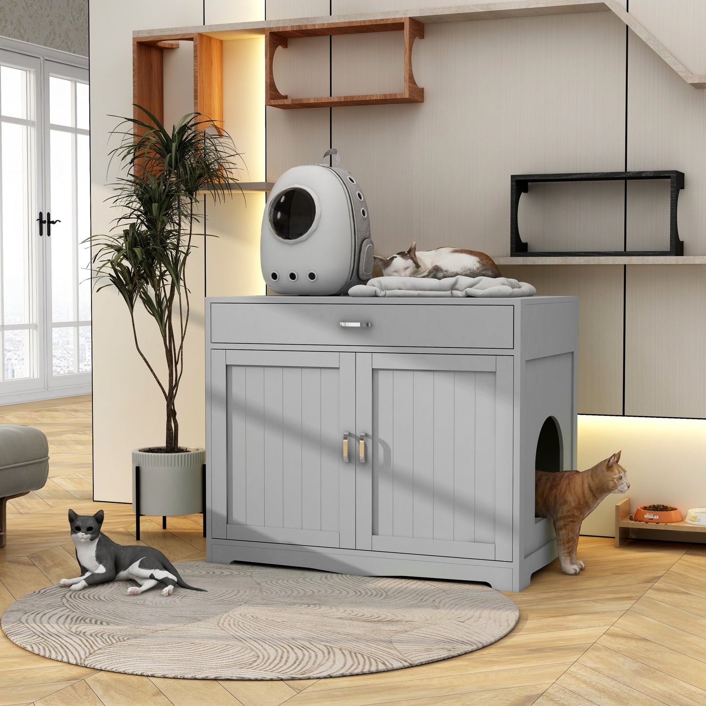 Litter Box Enclosure, Cat Litter Box Furniture with Hidden Plug, 2 Doors,Indoor Cat Washroom Storage Bench Side Table Cat House, Large Wooden Enclused Litter Box House, Grey