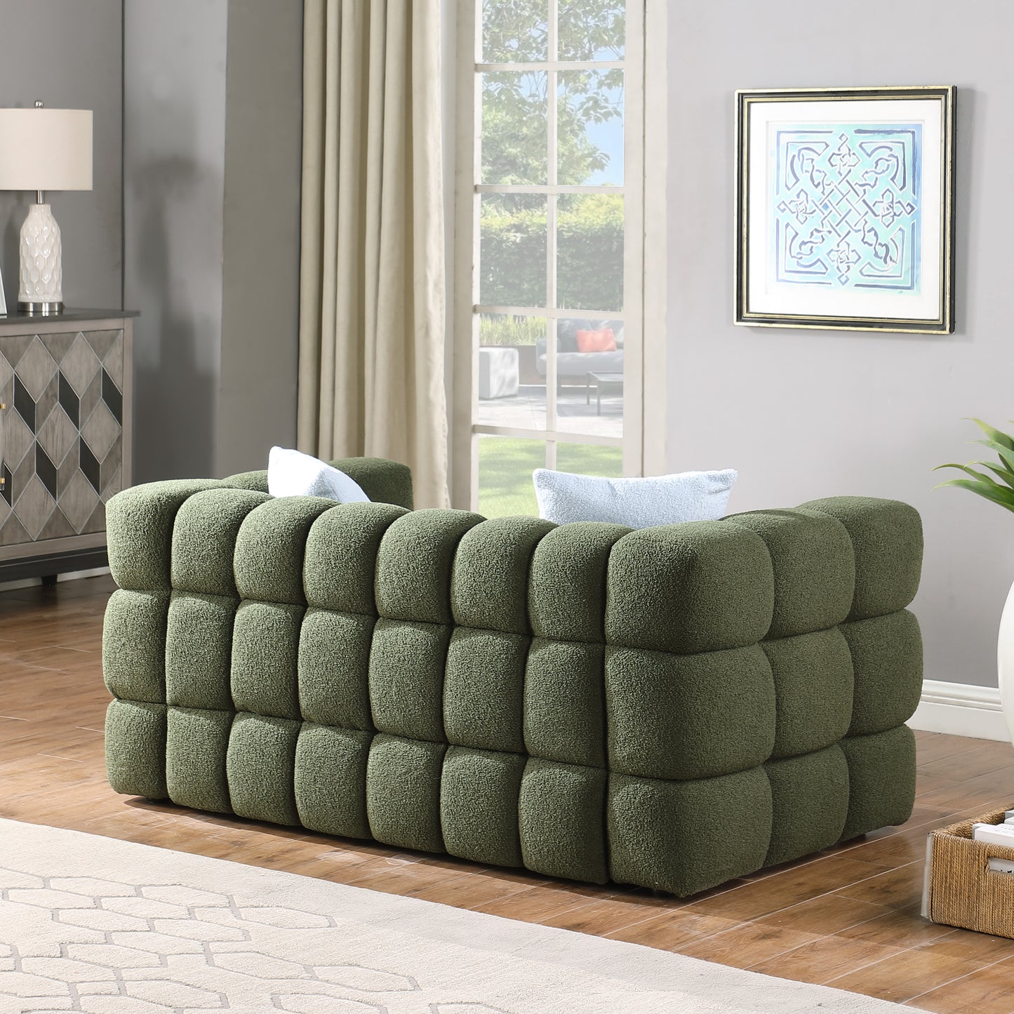 Olive Green Boucle 3-Seater Sofa with Plush Multi-Density Foam