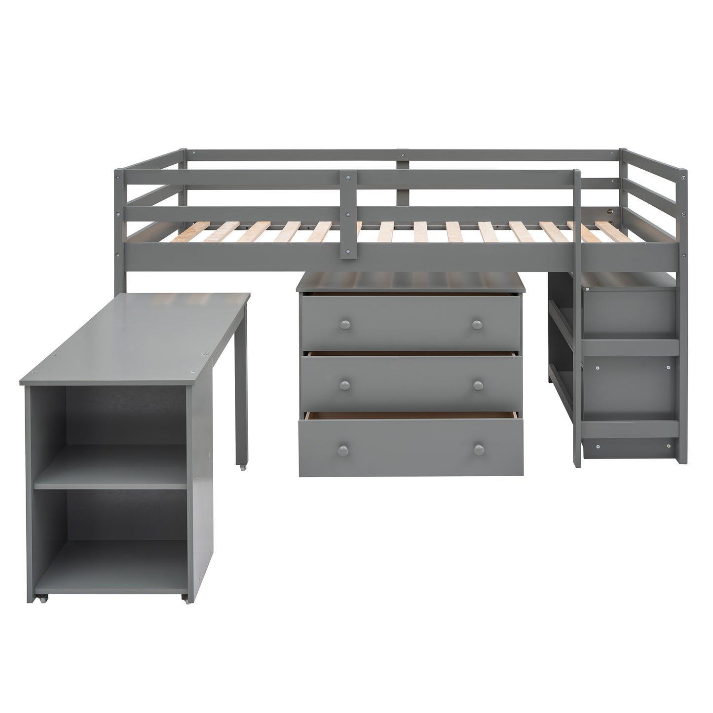 Low Study Twin Loft Bed with Cabinet and Rolling Portable Desk - Gray