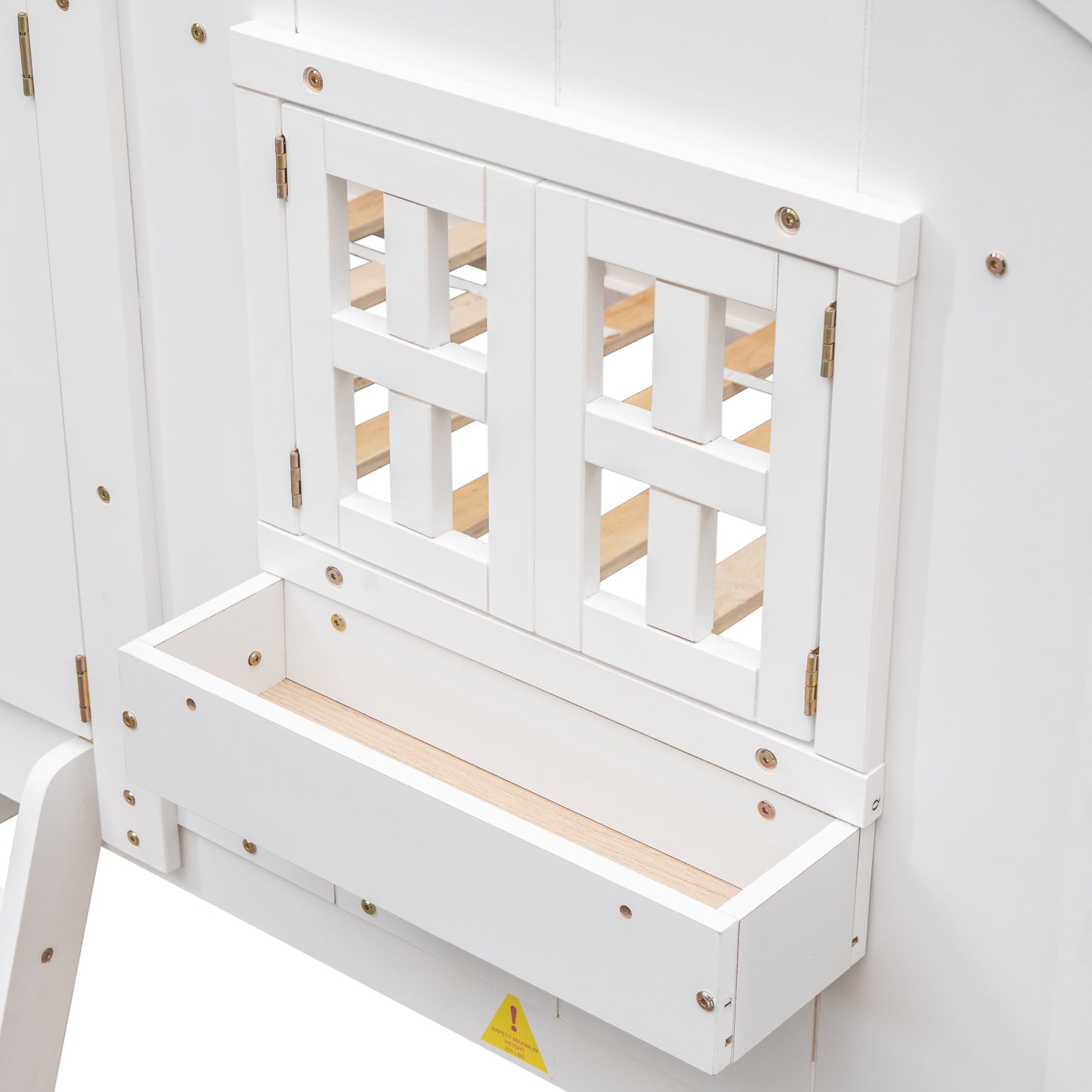 Cabin Inspired Kids' White Bunk Bed with Roof, Window, and Door