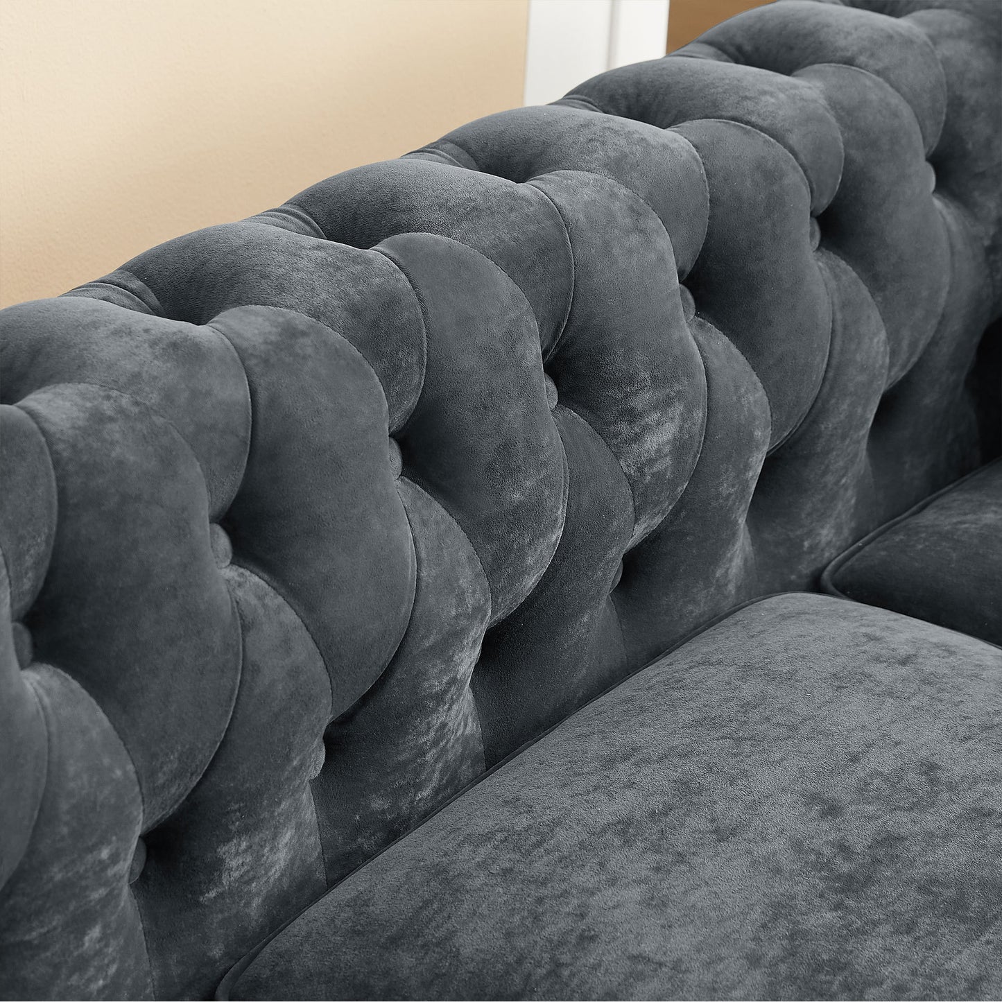 MH 80 Deep Button Tufted Upholstered Grey Velvet L-shaped Sofa with 3 Pillows and Solid Wood Gourd Legs