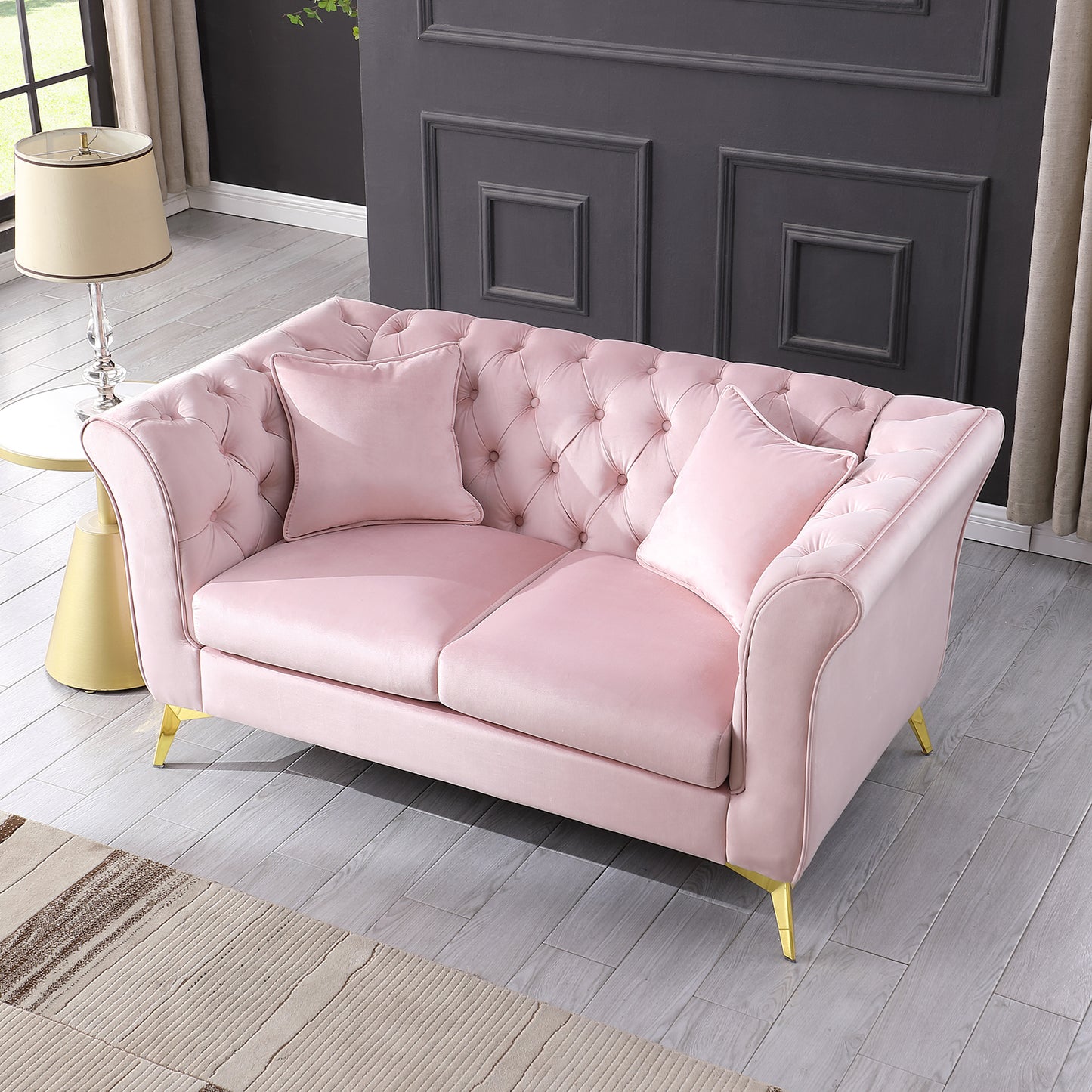 Chesterfield sofa ,Stanford sofa ,  high quality Chesterfield sofa ,Pink color , tufted and wrinkled fabric  sofa;contemporary Stanford sofa .loverseater; tufted sofa with scroll  arm and scroll back