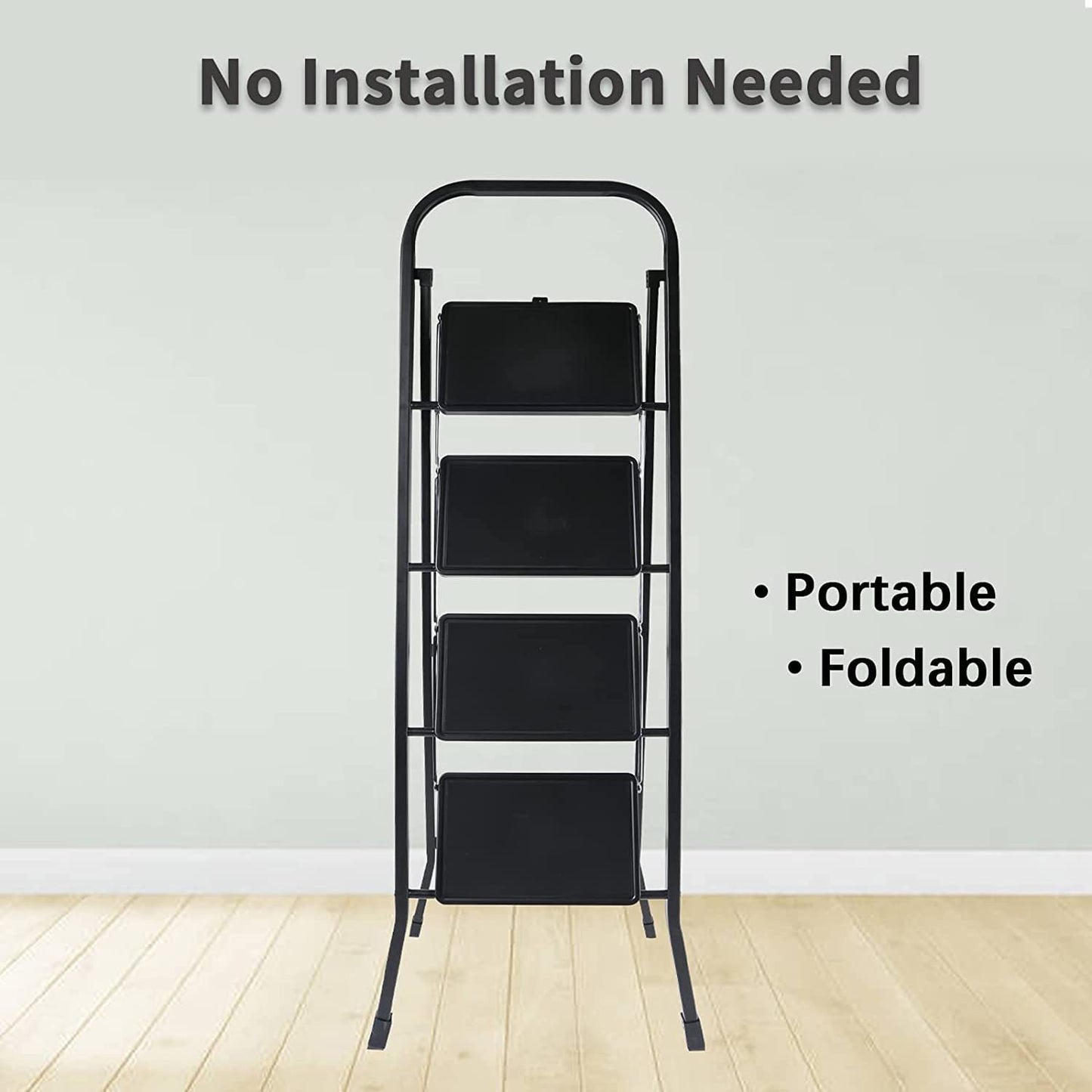 4 Step Ladder, Folding Step Stool with Wide Anti-Slip Pedal, 330 lbs Sturdy Steel Ladder, Convenient Handgrip, Lightweight, Portable Steel Step Stool, Black (HILADDFOLD4B)