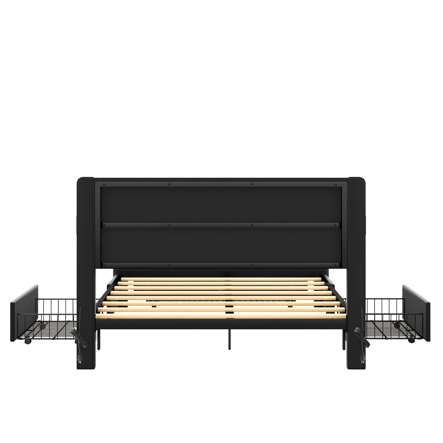 Queen Size Bed Frame with Drawers Storage, Leather Upholstered Platform Bed with Charging Station, Black