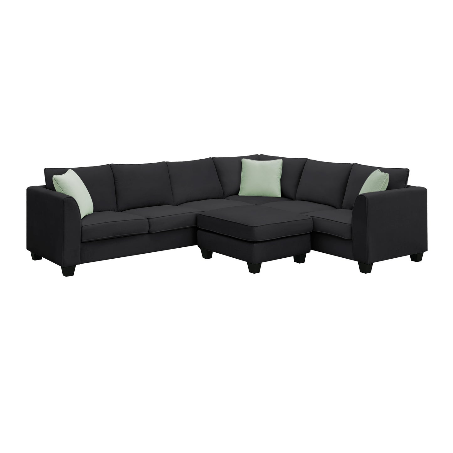 L-Shaped Black Sectional Couch Set with Ottoman and Pillows