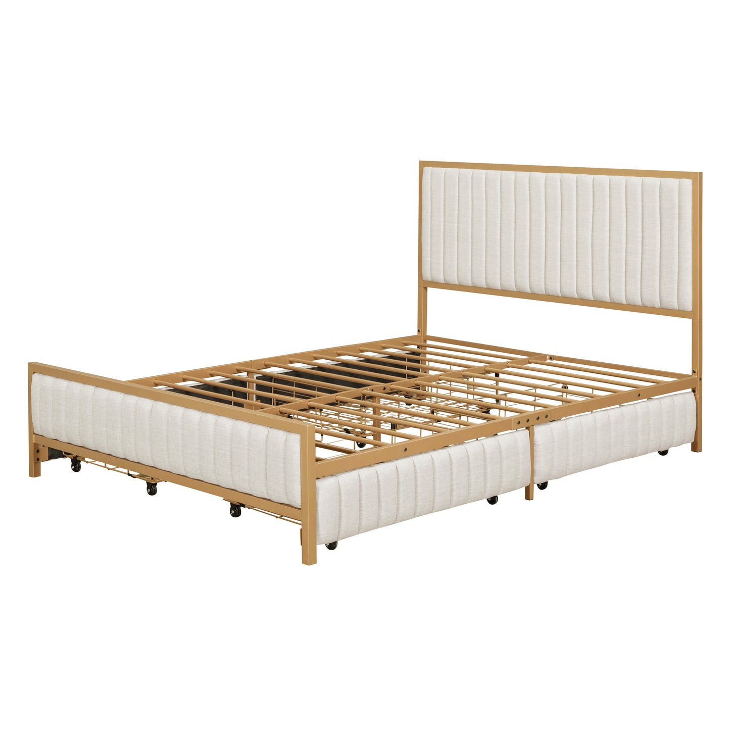 Full Size Metal Frame Upholstered Bed with 4 Drawers, Linen Fabric, Beige