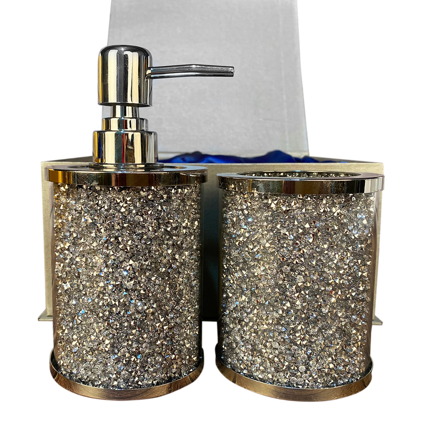 Exquisite Silver Glass Bath Set with Soap Dispenser and Toothbrush Holder