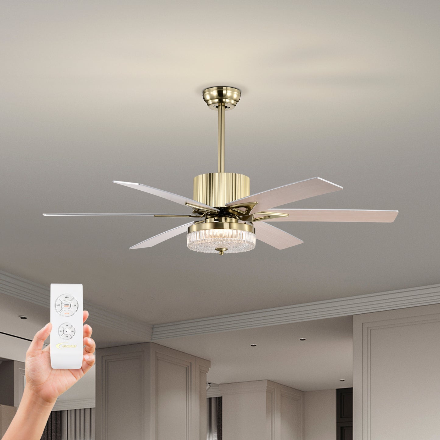 52'' Contemporary Wood Ceiling Fan with Remote Control and LED Light