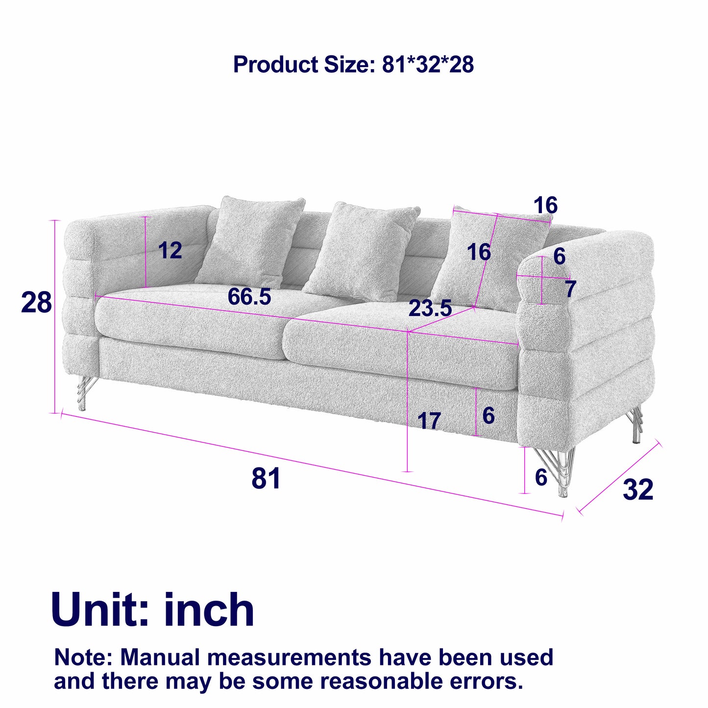 81 Inch Streamline Modern 3 Seater Sectional Sofa with Three Pillows