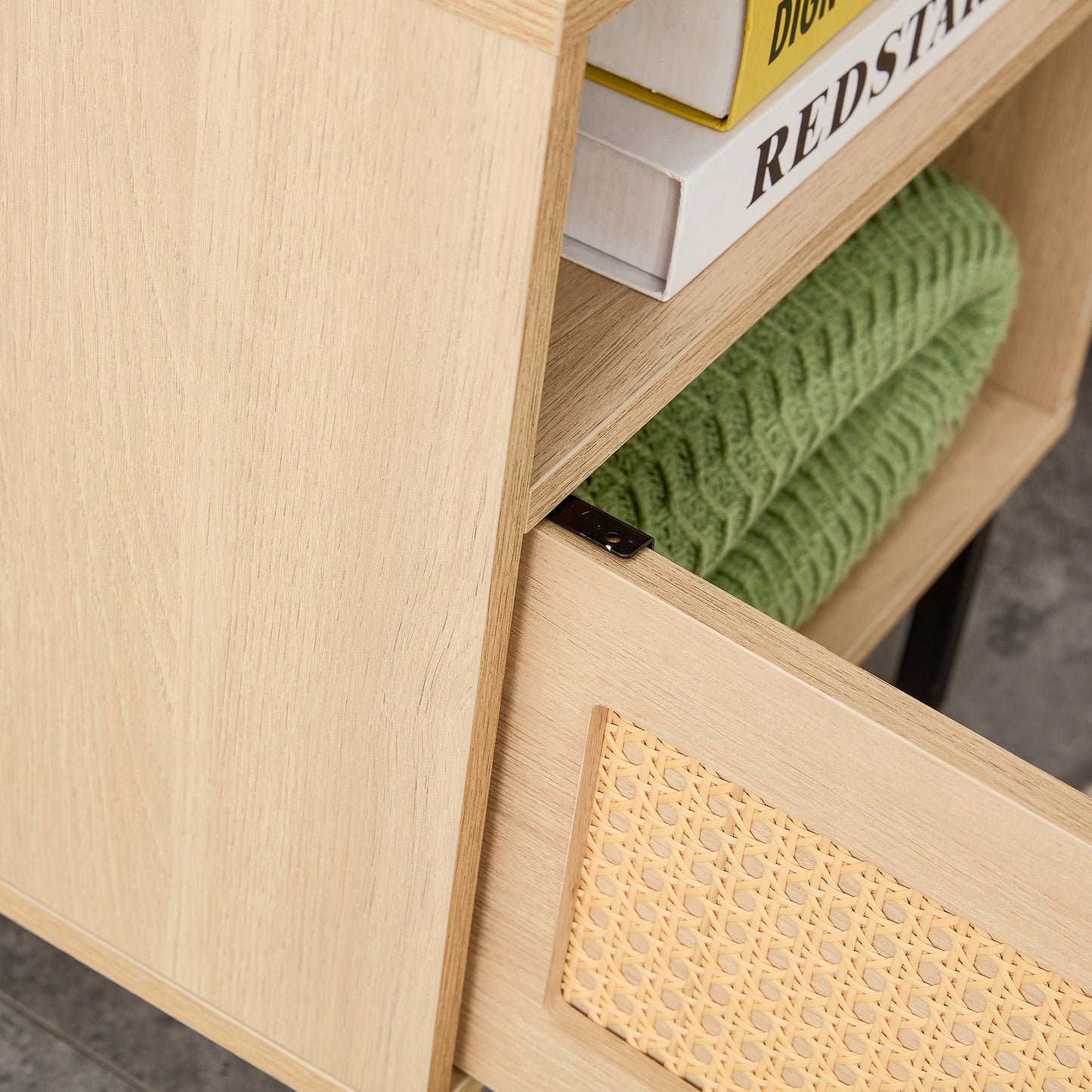 Modern simple storage cabinet MDF Board bedside cabinet Japanese rattan bedside cabinet Small household furniture bedside table.Applicable to dressing table in bedroom, porch, living room.2 Drawers