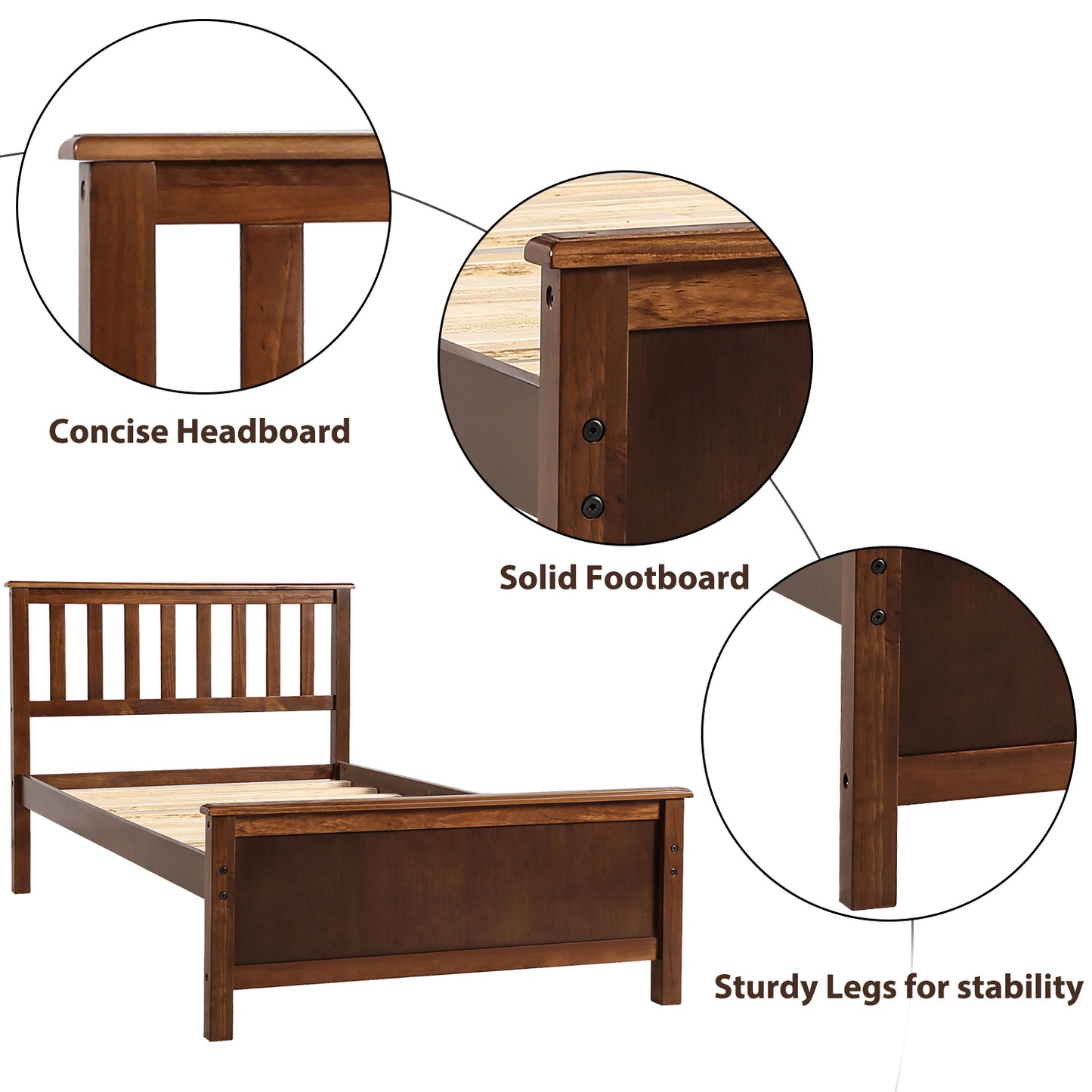 Twin Size Wood Platform Bed with Headboard,Footboard and Wood Slat Support, Walnut