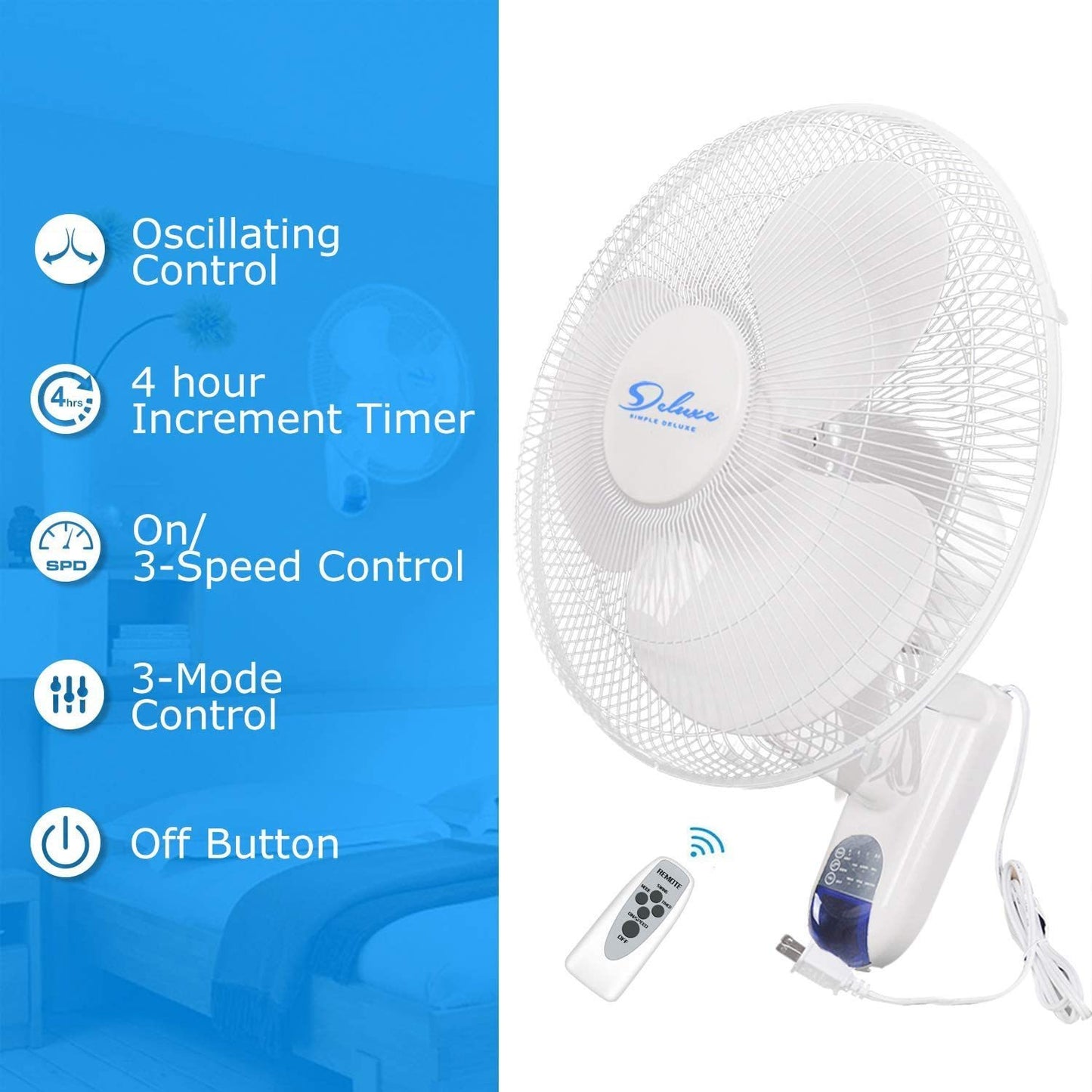 Refreshing Airflow Solution: Simple Deluxe 16 Inch Digital Wall Mount Fan with Remote Control, 3 Speeds, 3 Oscillating Modes