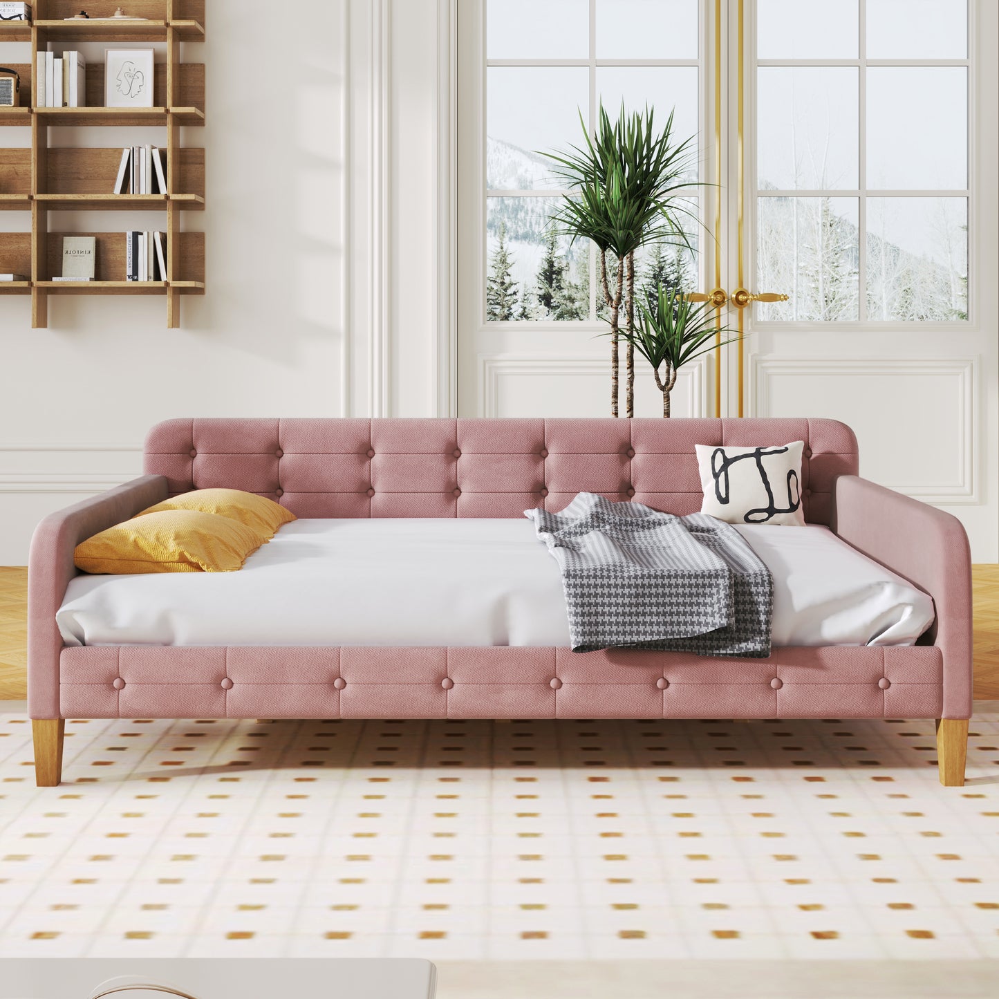 Full Size Upholstered Daybed with 4 Support Legs,Pink