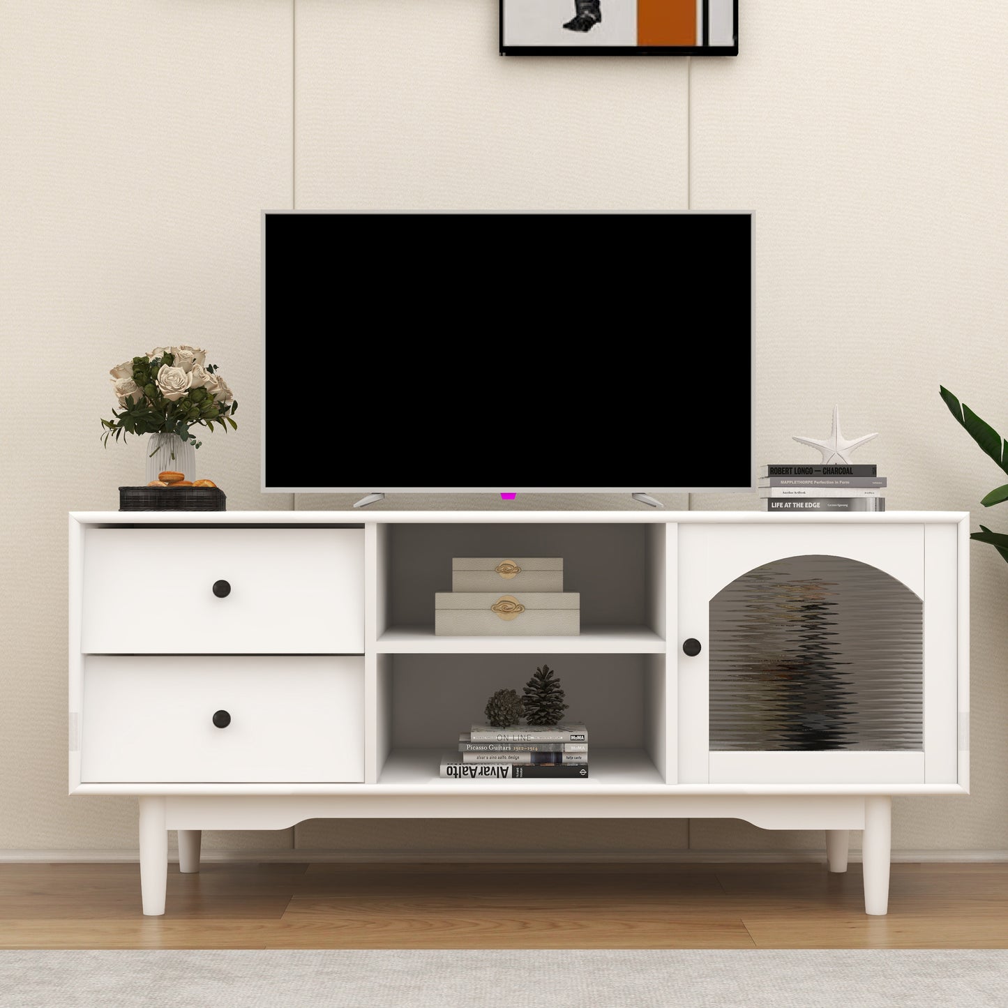 White TV Stand with Drawers, Shelves, and Glass Cabinet for Living Room Storage