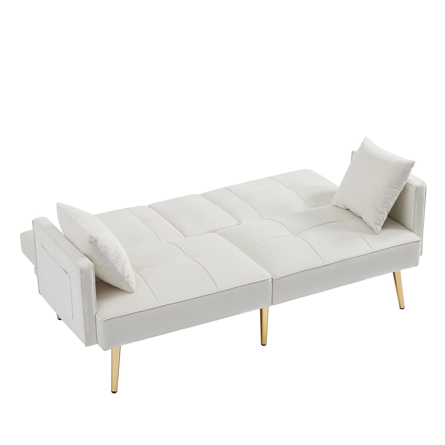 Cream White Velvet Futon Sofa Bed with Gold Metal Legs