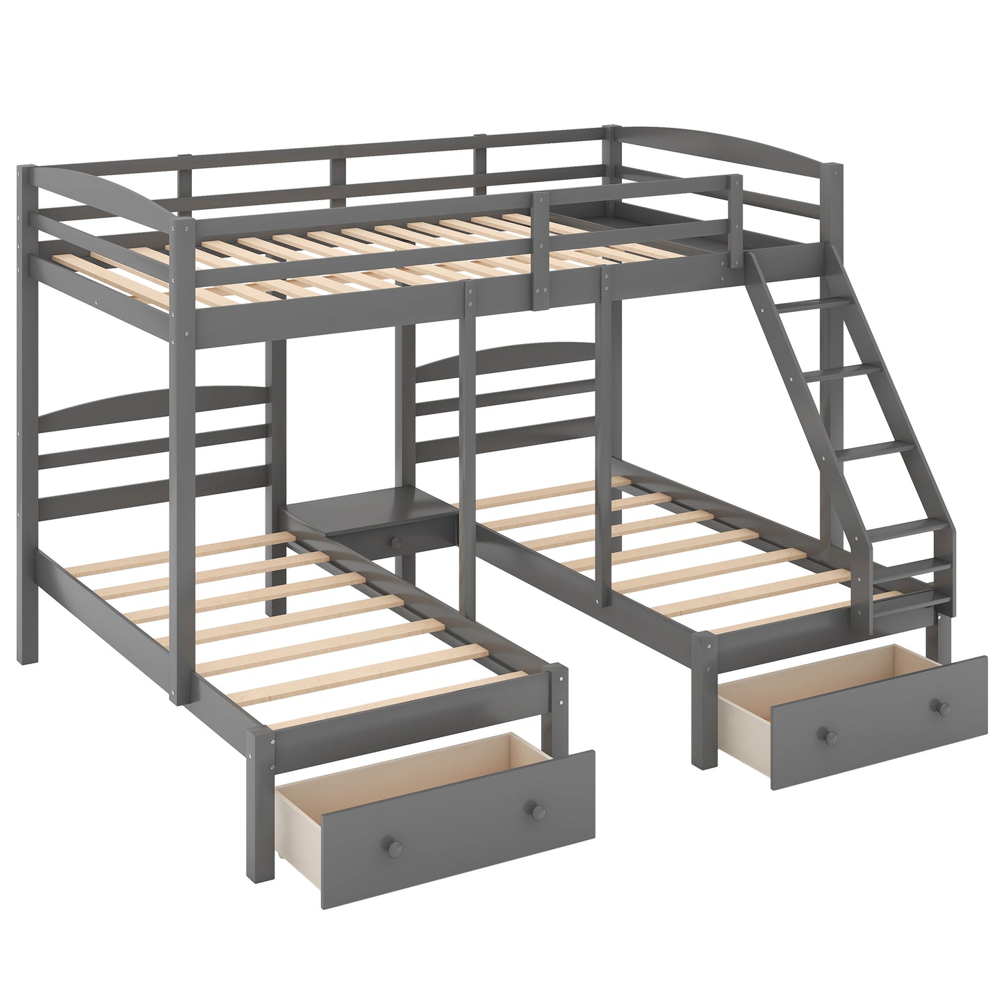 Gray Triple Bunk Bed with Storage Drawers, Full over Twin & Twin Bunk Bed