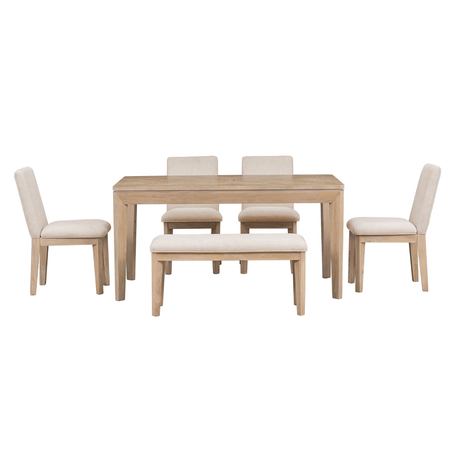 6-Piece Dining Table Set with Upholstered Dining Chairs and Bench,Farmhouse Style, Tapered Legs, Natural+Beige