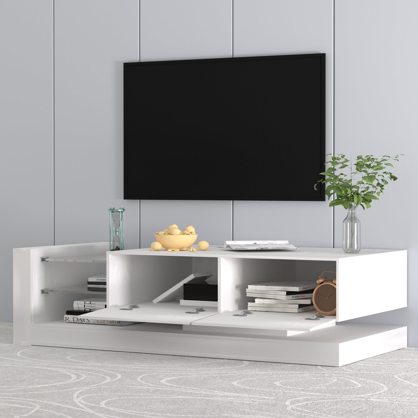 Ivory TV Stand with Color-Changing LED Lights and Ample Storage for 75-inch TVs