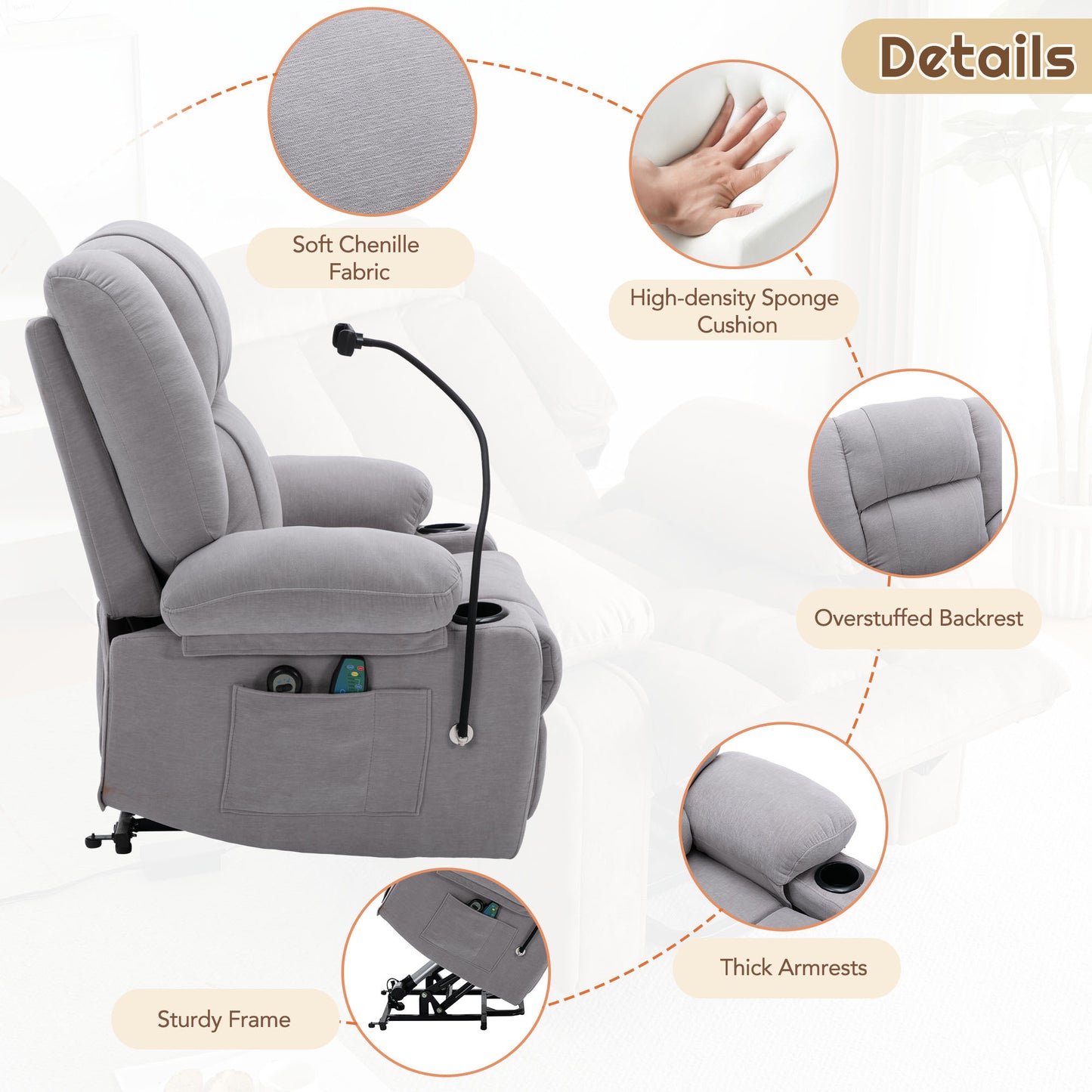 Grey Electric Power Lift Recliner Chair with Massage, Heat, Storage, and Swivel Phone Holder