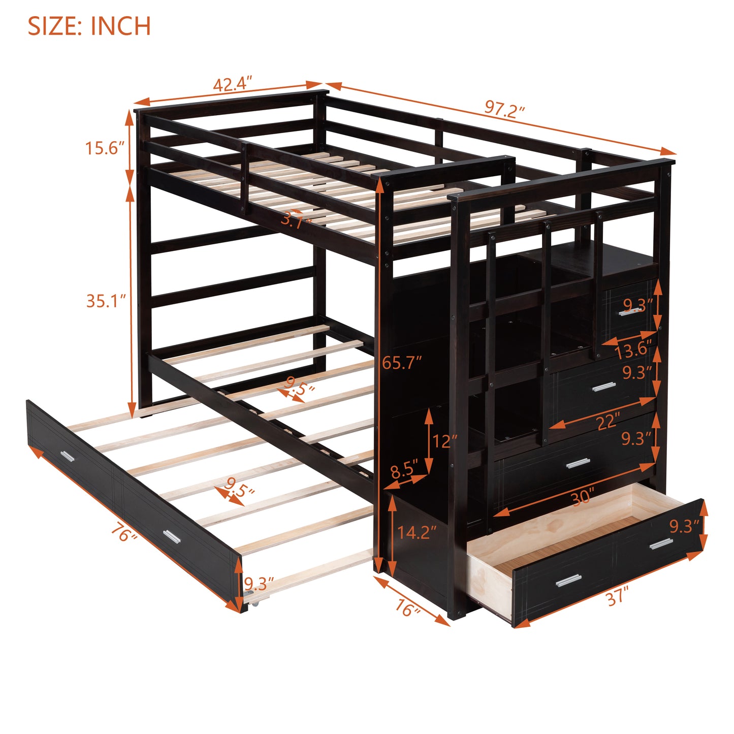 Chic Espresso Twin Bunk Bed with Trundle and Staircase