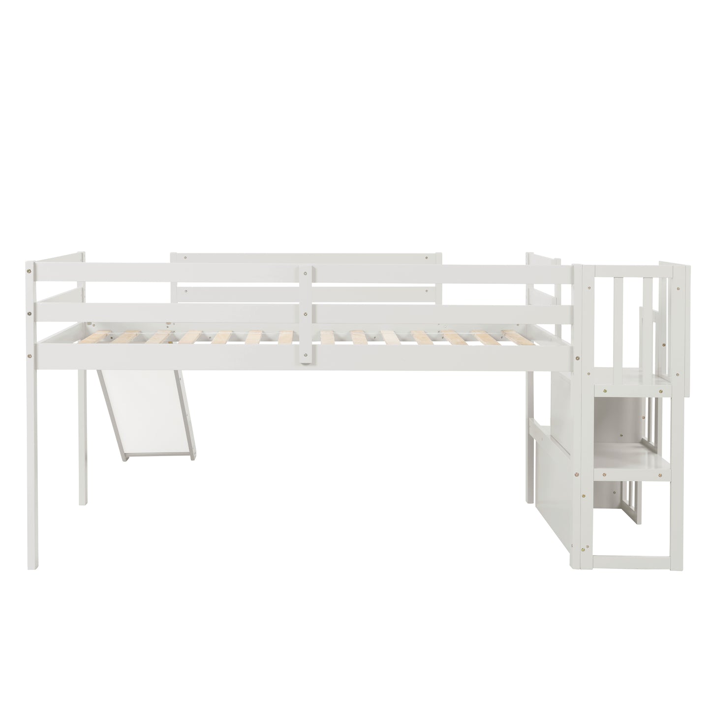 Loft Bed with Staircase, Storage, Slide, Twin size, Full-length Safety Guardrails, No Box Spring Needed, White