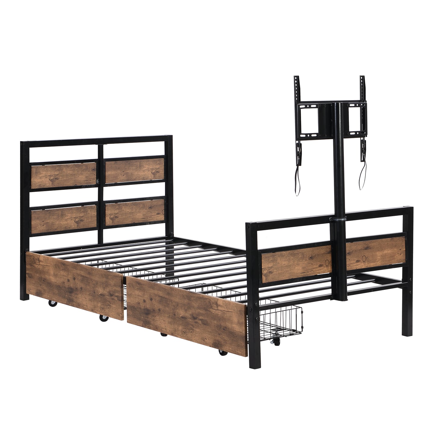 Twin Size Metal Platform Bed with MDF Headboard and Footboard,Two Storage Drawers and Rotatable TV Stand,Black - Modern Industrial Design Twin Bed with TV Stand and Storage