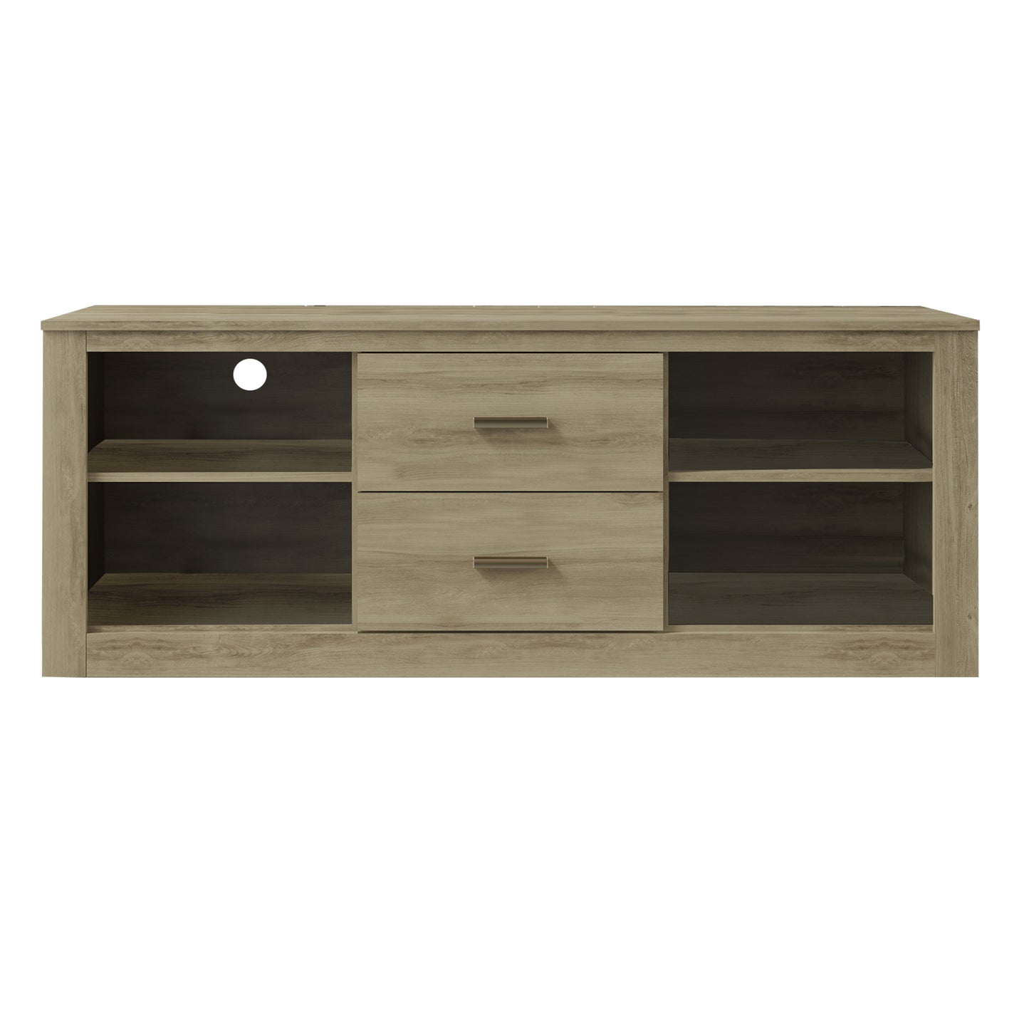 59-Inch Oak Brown Wooden TV Stand with Drawers and Open Compartments