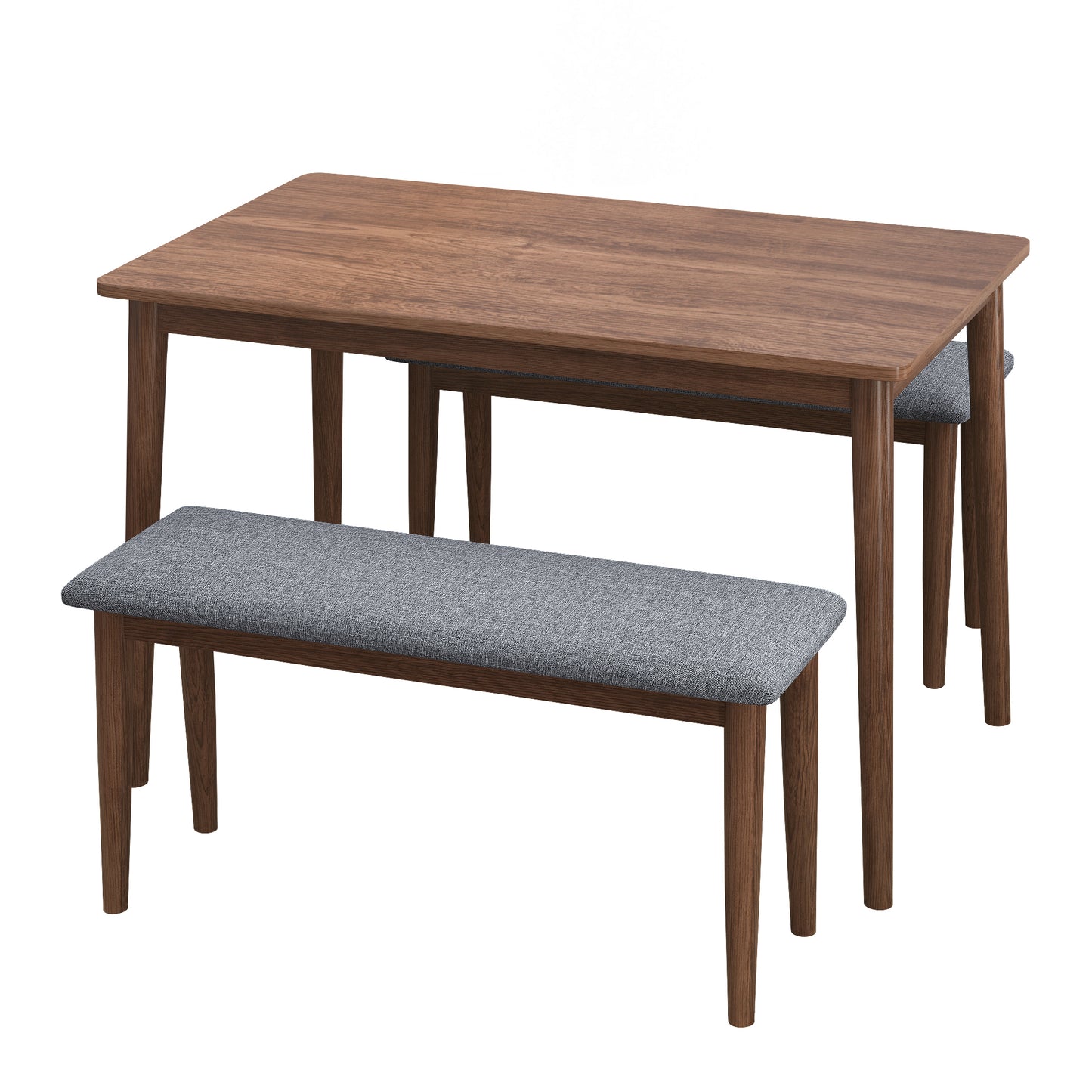 3 Pieces Modern Dining Table Set with 1 Rectangular Table and 2 Benches Fabric Cushion for 4 All Rubber wood Kitchen Dining Table for Dining Room Kitchen Small Space Walnut Color and Grey