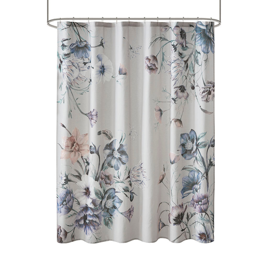 Blue Floral Print Cotton Bath Curtain