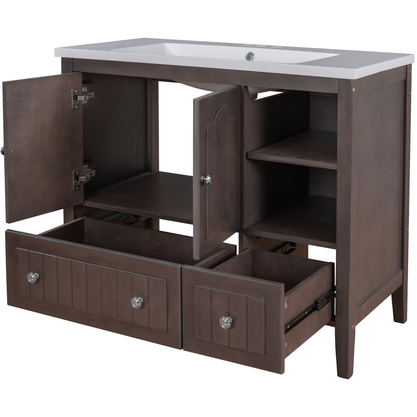 36" Bathroom Vanity with Ceramic Basin, Bathroom Storage Cabinet with Two Doors and Drawers, Solid Frame, Metal Handles, Brown