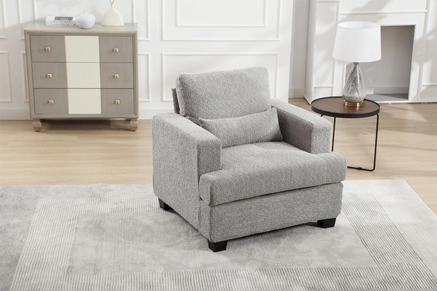 Elegant White and Gray Modern Chair for Living Room or Sofas, with Square Armrest and Removable Back Cushion