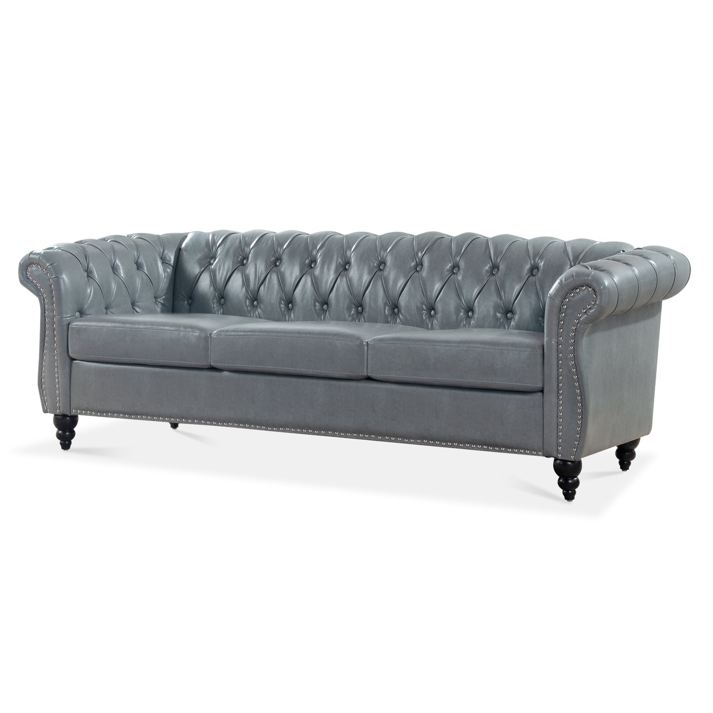 84.65 Inch 3-Seater Rolled Arm Chesterfield Sofa with Deep Buckles and PU Leather Fabric