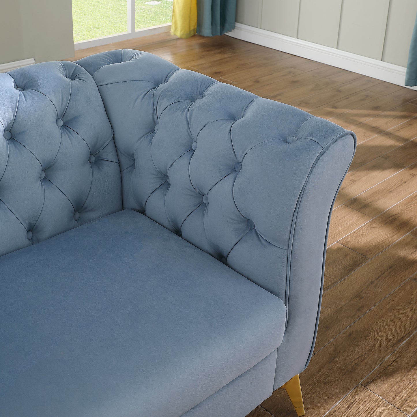 Chesterfield sofa ,Stanford sofa ,  high quality Chesterfield sofa ,Teal blue , tufted and wrinkled fabric  sofa;contemporary Stanford sofa .loverseater; tufted sofa with scroll  arm and scroll back