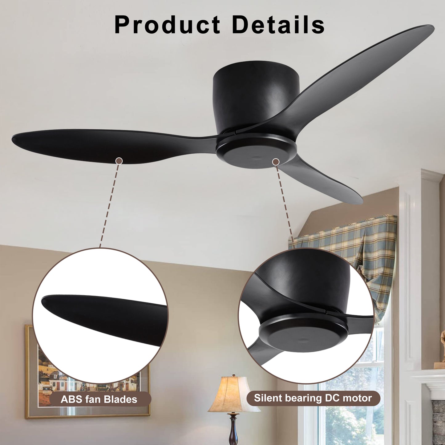 52 Black Ceiling Fan with Remote Control and Reversible DC Motor - Modern Design No Lights for Various Living Spaces