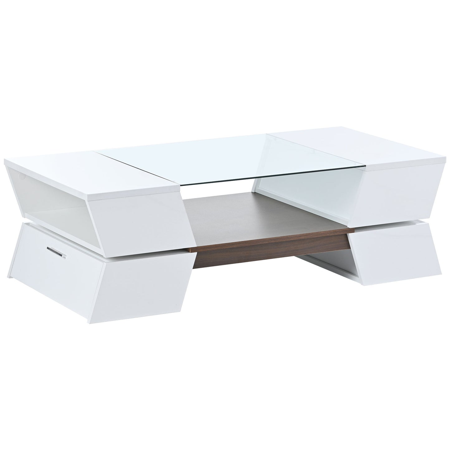 6mm Glass-Top White Coffee Table with Open Shelves and Cabinets