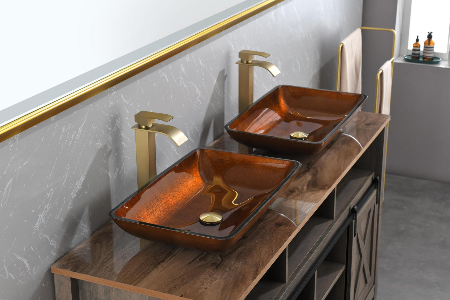 Luxurious Handmade Glass Vessel Sink Set in Deep Chocolate Brown Finish with Gold Accents